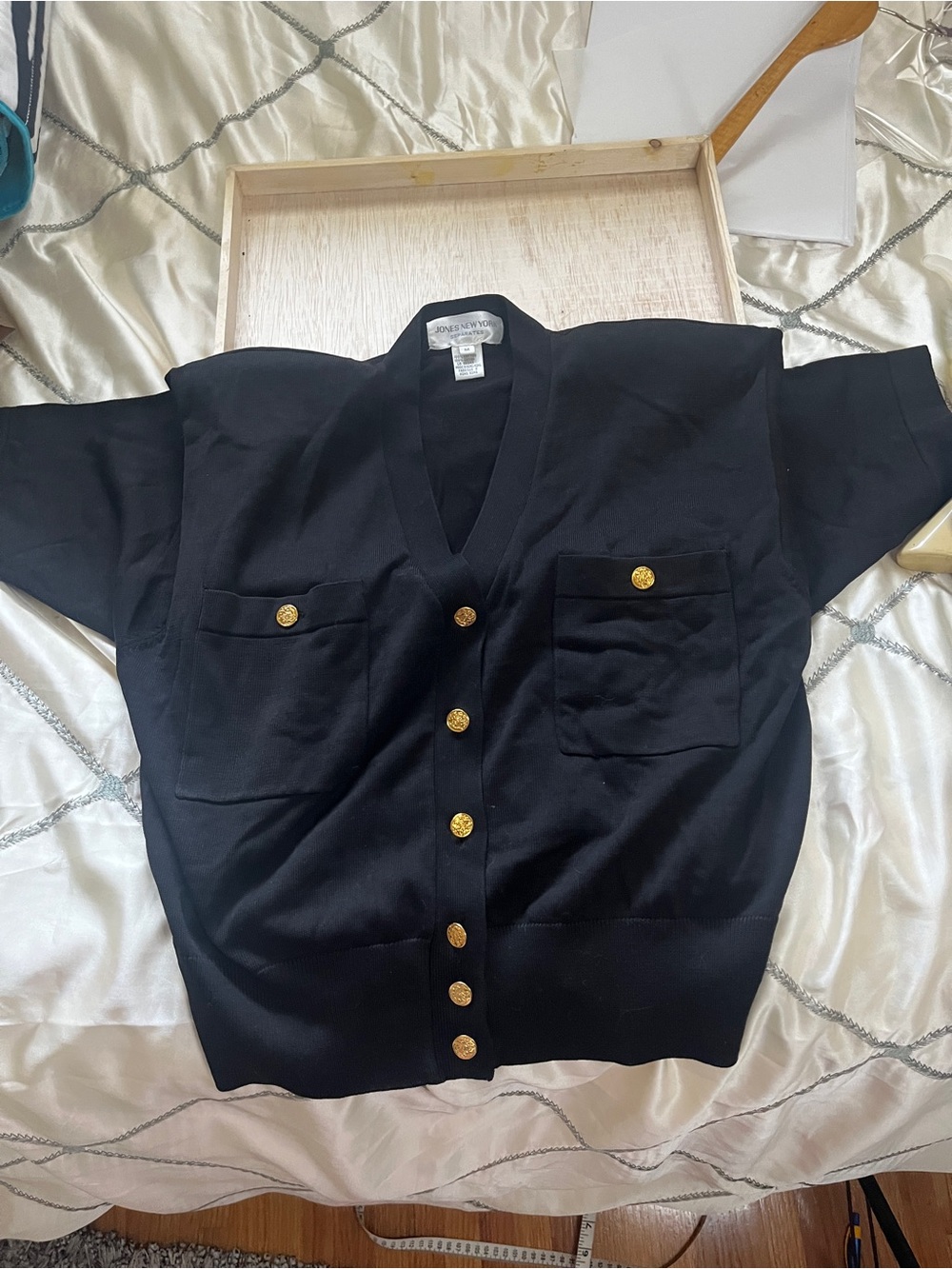 Jones New York Black Short-Sleeve Knit Cardigan with Gold Buttons